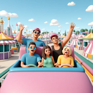 A group of four friends, two men and two women, are seated in the front row of a colorful roller coaster. One man, wearing a blue t-shirt and sunglasses, has his hands raised high in excitement. The second man, wearing a red baseball cap and a black tank top, is laughing with his mouth wide open. The first woman, with long brown hair and a green dress, has her hands gripping the safety bar tightly while her eyes are wide with exhilaration. The second woman, with short blonde hair and a yellow shirt, is screaming joyfully. The background features a vibrant theme park filled with various rides, colorful booths, and a bright blue sky dotted with fluffy white clouds.