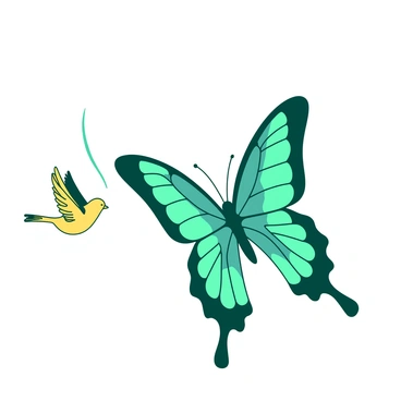 A teal butterfly with intricate wing patterns is mid-flight, transitioning into a small yellow bird. The butterfly's wings are fluttering gracefully, while the bird's wings are just beginning to take shape, emerging from the tips of the butterfly's wings. The scene captures the moment of transformation, with feathers slowly replacing delicate butterfly scales. The background is a soft gradient, enhancing the vibrant colors of the butterfly and bird as they move through the air.