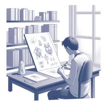 An artist is seated at a large wooden drafting table. The artist is focused on a large sheet of white paper, meticulously drawing intricate biological illustrations. Various anatomy sketches are displayed, including detailed depictions of human organs and plant structures. The artist is using fine liner pens to create precise lines and shading. In the background, shelves filled with textbooks and reference materials are visible. On the table, there are anatomical models and various art supplies, including pencils and erasers. A soft light from a nearby window illuminates the workspace, highlighting the detailed work being produced.