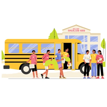 A bright yellow school bus is parked in front of a venue with large banners reading "Spelling Bee Competition". The bus has open doors, with children dressed in colorful t-shirts stepping out and excitedly chatting. Some participants are holding neatly organized notebooks and pencils, while others have small backpacks slung over their shoulders. The building in the background has large windows and a welcoming entrance, surrounded by green grass and trees. A group of parents stands nearby, watching the children with proud smiles.