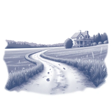 A winding dirt road extends through a lush landscape. The road is uneven and flanked by dense vegetation, with tall grass and wildflowers growing alongside. In the distance, the road disappears into a horizon lined with trees, suggesting an escape towards freedom. A few scattered footprints are visible in the dirt, hinting at those who have traveled this path. The plantation house is situated off to the side, partially obscured by foliage, with a sense of abandonment in the air. The scene conveys a feeling of hope and determination amidst the natural surroundings.