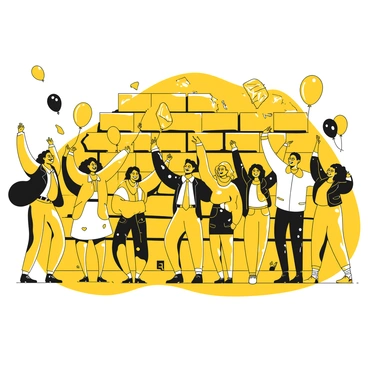 A group of people celebrating joyfully, holding "flags" and colorful "balloons." In the background, sections of the "Berlin Wall" are being torn down, with pieces of concrete and debris scattered around. The crowd is diverse, with men and women of different ages, some wearing jackets and scarves. They are smiling, some are hugging, and others are cheering. The atmosphere reflects excitement and elation as a historic event unfolds.