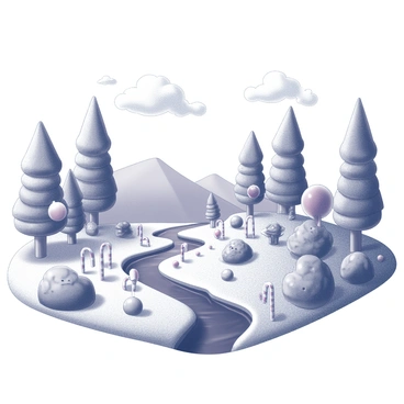 A fantastical landscape made entirely of sweets. The ground is covered with a soft, fluffy texture resembling cotton candy. Towering candy trees with lollipop leaves create a vibrant forest. In the background, rivers flow with thick, dark chocolate, winding through the scenery. Candy cane pathways meander through the landscape, inviting exploration. Scattered throughout are oversized gummy bears and jellybean bushes, adding playful elements to the environment. The sky above features clouds made of whipped cream, enhancing the whimsical atmosphere.