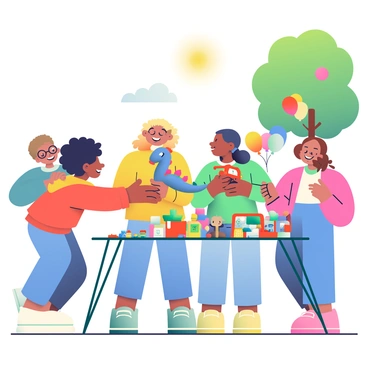 A group of five children with diverse skin tones are happily exchanging toys at a neighborhood toy exchange day. One child with dark curly hair is handing over a colorful plush dinosaur to a girl with blonde pigtails, who is smiling widely. Nearby, a boy with glasses is showing a red fire truck to a girl with brown braids, who looks excited. In the background, a table is filled with various toys, including board games, action figures, and stuffed animals, all clearly visible. The scene is bright and lively, with balloons tied to a nearby tree. The sun is shining down, creating a cheerful atmosphere.