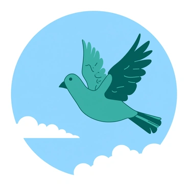 A teal bird with patched-up wings is launching into the air against a backdrop of a clear blue sky. The bird's wings show visible stitches and gentle curves, emphasizing the repair that has been made. Its feathers glisten in the sunlight as it flaps its wings vigorously, creating a sense of movement and freedom. Below the bird, a few fluffy white clouds drift lazily, further accentuating the vastness of the blue sky above.