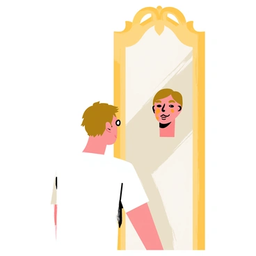 A person looking in the mirror with their reflection showing a face that appears to be melting