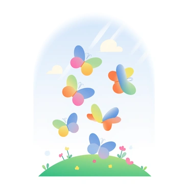 A group of colorful butterflies is free-falling gently through the air, their wings displaying an array of vibrant colors including blue, orange, and yellow. The butterflies are scattered against a clear blue sky, with a few delicate clouds in the background. Below them, a lush green landscape is visible, dotted with flowers in various shades. Sunlight filters through the wings of the butterflies, creating a soft, shimmering effect as they glide downward in a graceful, synchronized manner.