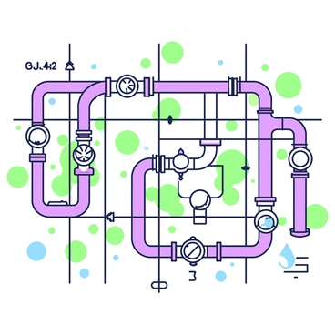 A network of water pipelines is visible, covering a grid layout across the image. The pipelines are depicted with various intersections, where several lines meet at angles, forming a complex system. Valves are present along the pipelines, constructed with circular handles and connecting points. The pipelines vary in diameter, with some larger pipes branching off into smaller ones, leading towards different sections of the city. Surrounding the pipelines, there are small indicators marking specific areas of the network, contributing to the clarity of the overall layout.