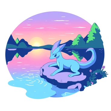 A blue Greninja is resting on a smooth rock by a crystal-clear lake. The surface of the lake is reflecting a vibrant sunset with hues of {color_1} and {color_2}. The sky above is filled with soft, wispy clouds that also catch the colors of the sunset. In the background, there are lush green trees surrounding the lake, and a few wildflowers are scattered near the water's edge. The atmosphere is peaceful, with gentle ripples in the water near Greninja's resting spot.