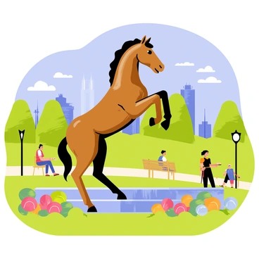 A majestic statue of a "bucking bronco" stands prominently in a city park. The bronco is depicted mid-leap, muscles tensed and mane flowing, capturing the power of the horse. The statue is crafted from bronze with a shiny patina, reflecting light as it captures the details of the bronco's features. Surrounding the statue, there are neatly trimmed green grass patches and colorful flower beds in bloom. In the background, people can be seen enjoying the park, with some sitting on benches and others walking along paved pathways. A clear blue sky serves as the backdrop, enhancing the scene's vibrancy.