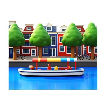 A canal boat with a colorful canopy cruising along the water. The boat reflects the vibrant architecture of Amsterdam's historic buildings lining the canals. Lush green trees are visible on the banks, providing shade. A few bicycles are parked near the edge of the canal, typical of the city. The sky is clear, and the sunlight casts gentle ripples on the water's surface.