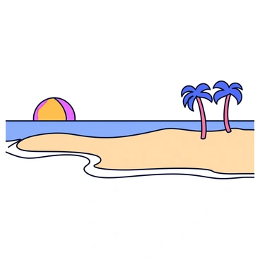 A beach scene with soft, sandy shores. Gentle waves are lapping at the edge of the sand. In the distance, a vibrant sunset is depicted, showcasing a gradient of colors transitioning from orange to pink to purple. Silhouetted against the sunset, a few simple palm trees are positioned along the beach, their leaves gently swaying in a light breeze.