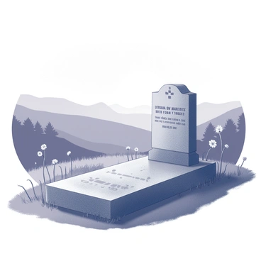 A grave positioned on a grassy hilltop. The gravestone is simple and upright, with engraved inscriptions that are clearly legible. Surrounding the grave, there are a few wildflowers and patches of grass swaying gently in the breeze. In the background, a vast valley stretches out, filled with rolling hills and distant trees. The sun is low in the sky, casting elongated shadows and creating a soft glow that highlights the contours of the landscape. The scene conveys a sense of tranquility as the day transitions into evening.