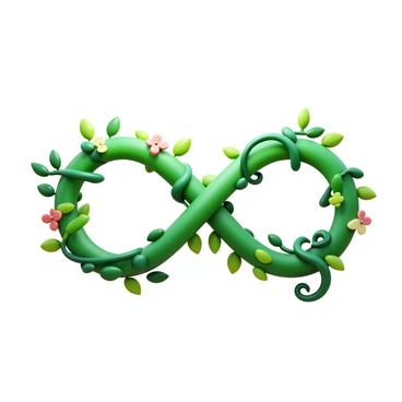 An infinity symbol created from intertwining green vines. The vines are lush, with leaves in various shades of green and tiny flowers in soft colors. The symbol has a three-dimensional appearance, with shadows adding depth and dimension. The ends of the vines curl slightly, enhancing the flow of the design. The background is a subtle gradient that complements the natural colors of the vines.