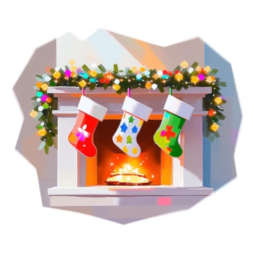 A mantlepiece adorned with colorful holiday garlands draped elegantly across the surface. Three festive stockings, each with unique patterns and colors, hang from the mantle. Twinkling fairy lights are woven throughout the garlands, casting a warm glow over the decorations. The background features a cozy living room setting, with soft shadows accentuating the richness of the garlands and the festive atmosphere.