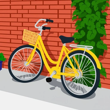 A vintage-style bicycle with a curved frame and wide handlebars leans against a weathered red brick wall. The bicycle has a shiny chrome fender and a wicker basket attached to the front. Lush green ivy climbs up the bricks, intertwining with the crevices of the wall. Sunlight casts soft shadows, highlighting the texture of the bricks and the vibrant green leaves of the ivy. The scene is set in a quaint urban setting, adding a nostalgic charm to the composition.