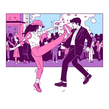 Two dancers are engaged in an intense dance battle, showcasing dynamic and intricate moves. One dancer is wearing a vibrant outfit in a contrasting color, while the other dancer is dressed in a complementary attire, both incorporating various urban streetwear elements. The background includes a lively urban setting, with graffiti-covered walls and a crowd of onlookers eagerly watching the performance. The scene captures the energy and rhythm of the battle, with one dancer executing a high kick and the other performing a spin, creating a sense of movement and excitement in the moment.