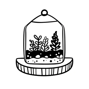 A small glass terrarium with a geometric shape, containing a variety of ferns arranged in a layered manner. The ferns have different sizes and shapes, creating a textured landscape within the terrarium. Small pebbles and a layer of soil are visible at the bottom, providing a natural base for the plants. A thin layer of mist covers the interior glass walls, adding to the atmosphere of the enclosed space. The terrarium is placed on a simple wooden table, allowing for a clear view of the intricate details inside.
