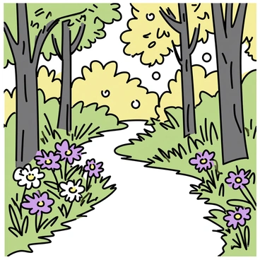 A narrow hiking path bordered by wild aster flowers in a natural forest