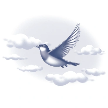 A small sparrow soaring through a bright blue sky with fluffy white clouds.