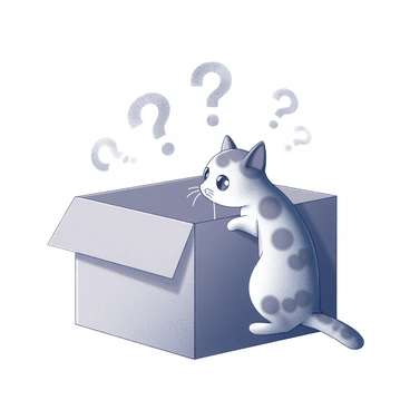 A curious cat with distinctive fur patterns is sitting at the edge of a cardboard box. The cat, with its big, wide eyes, is leaning forward, peering intently into the box. Inside the box, several question marks are scattered, drawn in varying sizes, suggesting a sense of mystery and intrigue. The cat's whiskers are slightly bent forward, enhancing its sense of curiosity about what lies within the box. The overall composition captures the moment of exploration and wonder.