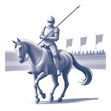 A knight wearing shining armor sits atop a majestic horse. The knight's armor reflects light, showcasing intricate engravings and a polished surface. The horse is strong and well-groomed, with a flowing mane and an ornate saddle. The scene captures the knight holding a lance, poised for action, as they prepare for a jousting match. In the background, a medieval arena is visible, with banners fluttering and spectators watching intently. The atmosphere conveys the excitement and tension of a jousting tournament.