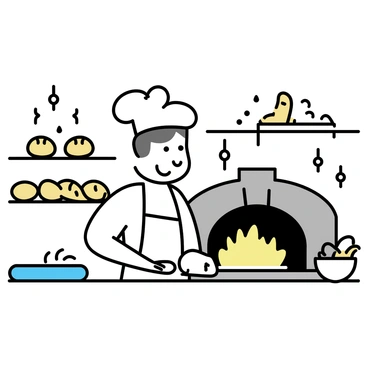 A baker, wearing a white apron and a chef's hat, is standing in front of a traditional stone oven. The oven has a curved opening, and flames can be seen inside, casting a warm glow. The baker is shaping a round loaf of dough on a wooden countertop, with flour sprinkled around. In the background, there are shelves filled with various types of freshly baked bread, including baguettes and rolls. A rolling pin and a bowl filled with more dough are placed nearby, completing the scene of a busy bakery.