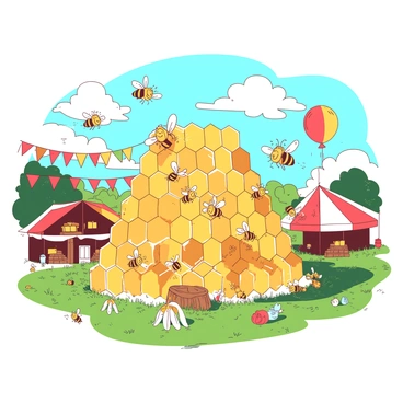 A vibrant scene depicts a joyful festival set in a lively meadow. There is a large, intricate honeycomb structure made of golden honeycomb cells in the center. Swarms of small, detailed bees with shiny bodies and delicate wings are buzzing and dancing around the giant honeycomb, creating a sense of motion. Colorful festival decorations, including vibrant banners and balloons, are scattered throughout the scene, enhancing the festive atmosphere. The sky above is clear and bright, contributing to the cheerful ambiance of the gathering.