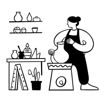 A potter with an apron stands at a pottery wheel, focusing intently on the clay vase being shaped. The potter's hands are covered in wet clay as they delicately mold the form of the vase. The spinning wheel is in motion, creating a blur around the base as the clay takes shape. Nearby, there is a collection of various pottery tools and a small basin of water. Pieces of already completed pottery are arranged on a shelf in the background. The setting is a well-lit studio filled with the earthy texture of clay and creativity.