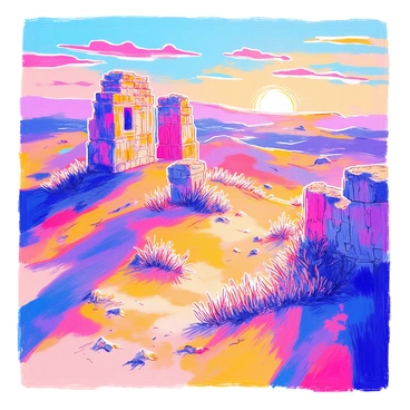 Ancient ruins made of weathered stone are partially buried in golden sand. The structures have intricate carvings and crumbled walls, showcasing their former grandeur. Long shadows stretch across the sand as the sun sets low in the sky, casting a warm golden light over the scene. The edges of the ruins are softened by the surrounding dunes, with tufts of dry grass peeking through the sand. In the background, a gradient of oranges and purples fills the sky, adding depth to the tranquil atmosphere.