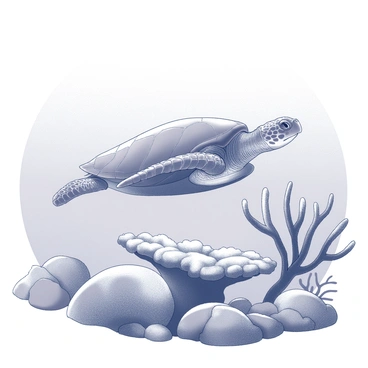 An underwater scene is depicted with a sea turtle swimming gracefully above various coral formations. The turtle has a textured shell and flippers extended as it glides through the water. The coral formations below are diverse, including branching corals and large, rounded structures, creating a dynamic environment. The composition showcases the interaction between the turtle and the coral, with light filtering through the water above, illuminating the scene.