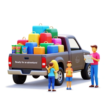 A family with four members is gathered around a large truck. The truck is parked in a driveway and is filled with colorful luggage bags on the roof and in the bed of the truck. There are various snacks, such as bags of chips and boxes of granola bars, arranged on the tailgate. The parents are packing the last few items, while the children are excitedly holding a map and discussing their road trip destination. The scene is set during the day with clear skies and bright sunlight. "Ready for an adventure!" is written in a playful font on the side of the truck.