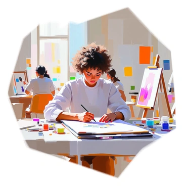 An intern with medium skin tone and curly hair is intently sketching on a large notepad. They are seated at a cluttered table surrounded by various art supplies such as colored pencils, paints, and brushes. The studio is filled with vibrant artwork hanging on the walls, and other artists are engaged in different creative activities around. Natural light streams through large windows, illuminating the scene. The intern's expression shows focus and determination as they add details to their sketch.