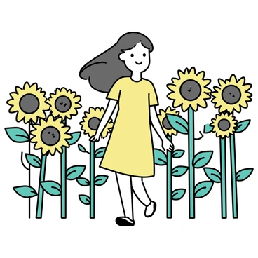 A woman with long, flowing hair is walking through a field of tall sunflowers. She is wearing a light yellow dress that sways gently with the breeze. The sunflowers tower above her, their vibrant yellow petals contrasting against the blue sky. The woman has a relaxed expression as she enjoys the moment, her arms slightly outstretched. The sunflowers are densely packed around her, their green stems creating a lush, natural frame.