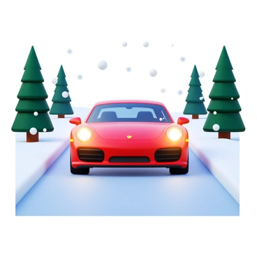 A sleek Porsche sports car in vibrant red color driving through a snowy landscape. The car's headlights are illuminated, cutting through the falling snowflakes. The snowy ground is covered with a thick layer of snow, and tall evergreen trees are lined along the sides of the road. Snowflakes are gently falling around the car, creating a serene winter atmosphere. The scene captures the contrast between the dynamic motion of the car and the stillness of the snow-covered surroundings.