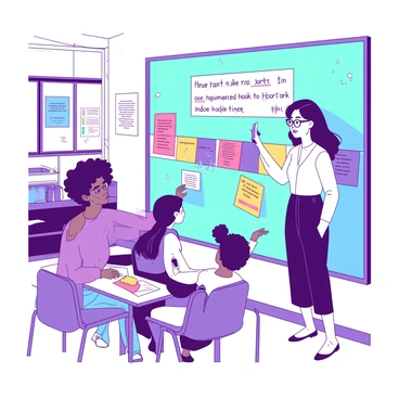 A white teacher is standing beside a colorful bulletin board in a classroom. She is holding a blue marker and explaining the timeline to a group of engaged students. One student, with curly hair, is placing a yellow cut-out representing a historical event on the board. Another student, wearing glasses, is reaching for a red piece of paper to add to the timeline. The classroom is filled with educational posters on the walls and a large window letting in natural light. The atmosphere reflects collaboration and learning.