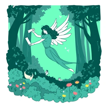 A teal spirit resembling Hermes is floating gracefully in an ancient forest filled with towering trees and lush greenery. The spirit has delicate wings made of translucent leaves, and there is a gentle glow surrounding it. In one hand, the spirit holds a small, white scroll, symbolizing messages from nature. Around the spirit, colorful flowers bloom, and small animals peek curiously from behind the trees. Light filters through the dense canopy above, creating dappled patterns on the forest floor.