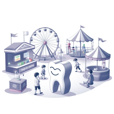 A carnival scene with games and rides themed around teeth and dental care