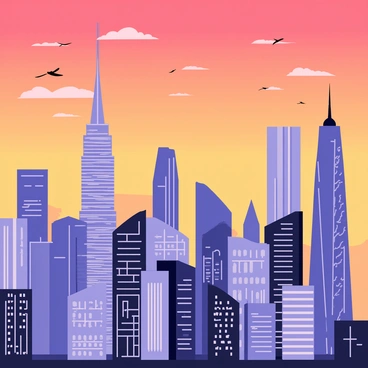A city skyline filled with tall skyscrapers and buildings of various shapes and sizes, all appearing to curve due to the fish-eye perspective. The sky above is a blend of deep orange and soft pink hues, indicating sunset. The windows of the buildings reflect the colorful sky, creating a shimmering effect. Small clouds scatter across the horizon, adding texture to the scene. Silhouettes of birds can be seen flying in the distance, enhancing the liveliness of the city.
