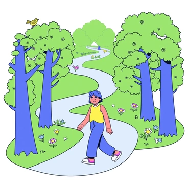 A person walking on a winding path in a lush green forest. Tall trees with abundant leaves line the trail, casting dappled sunlight onto the ground. The individual is dressed in casual clothing and has a relaxed posture, with their hands resting at their sides. Various small flowers bloom along the edges of the path, adding splashes of color. Birds can be seen perched on branches, and a gentle breeze creates a sense of movement in the leaves. The atmosphere is peaceful and inviting.