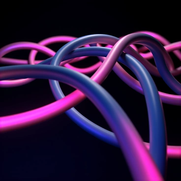 A close-up view of glowing fiber optic cables, showcasing their vibrant colors as they spread out in various directions, resembling a network. The cables are thin and sleek, with a smooth outer surface that reflects the light. Each fiber emits a luminous glow, creating a striking contrast against a dark background. The arrangement of the cables is intricate, with some twisting and overlapping, while others extend straight outwards, highlighting the complexity of the network.