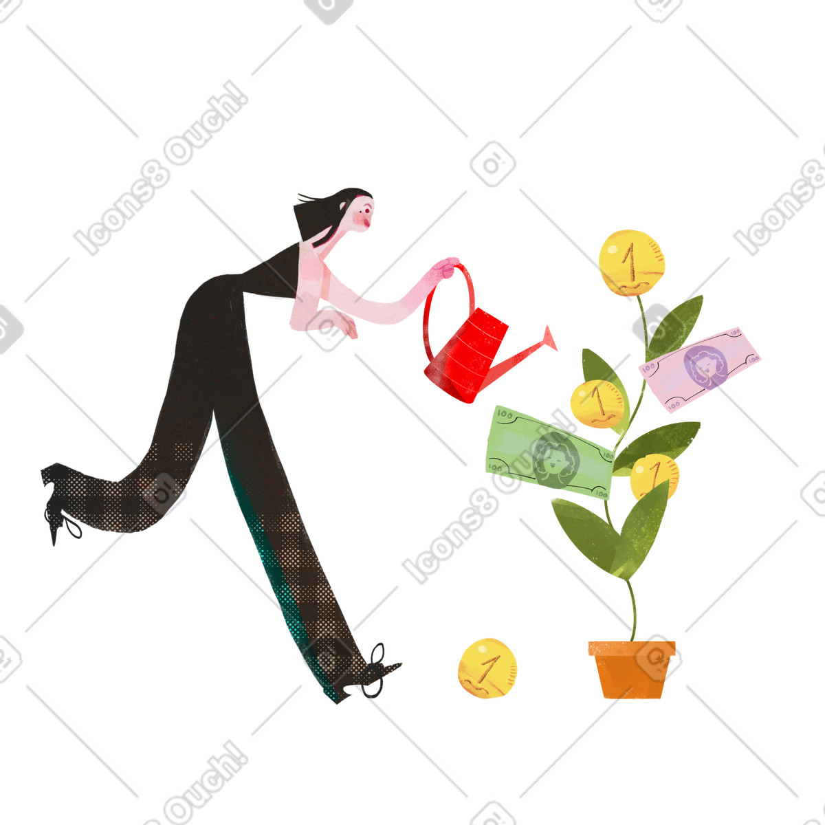 Fabulous スタイルの 金のなる木に水をやるのを急いでいる女の子 のイラストをPNG、SVG形式でダウンロード