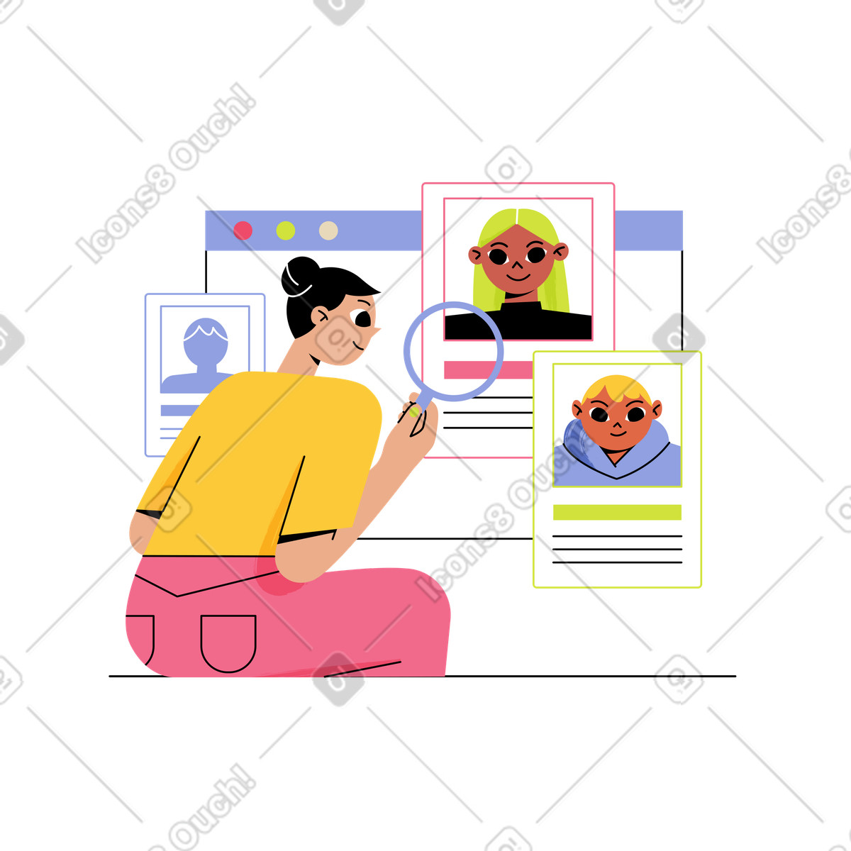 Recruiter analyzing candidate profiles, Employee search and talent acquisition animated illustration in Juicy style download in GIF, Lottie (JSON), AE