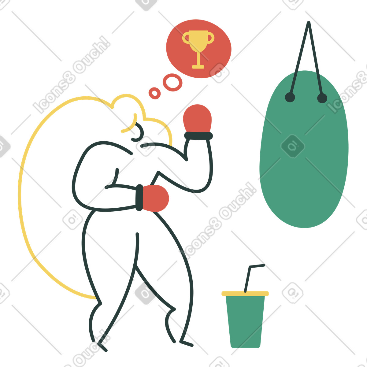 Pugile femminile che sogna il trofeo mentre si allena illustrazione in stile Macaroni scarica in PNG, SVG