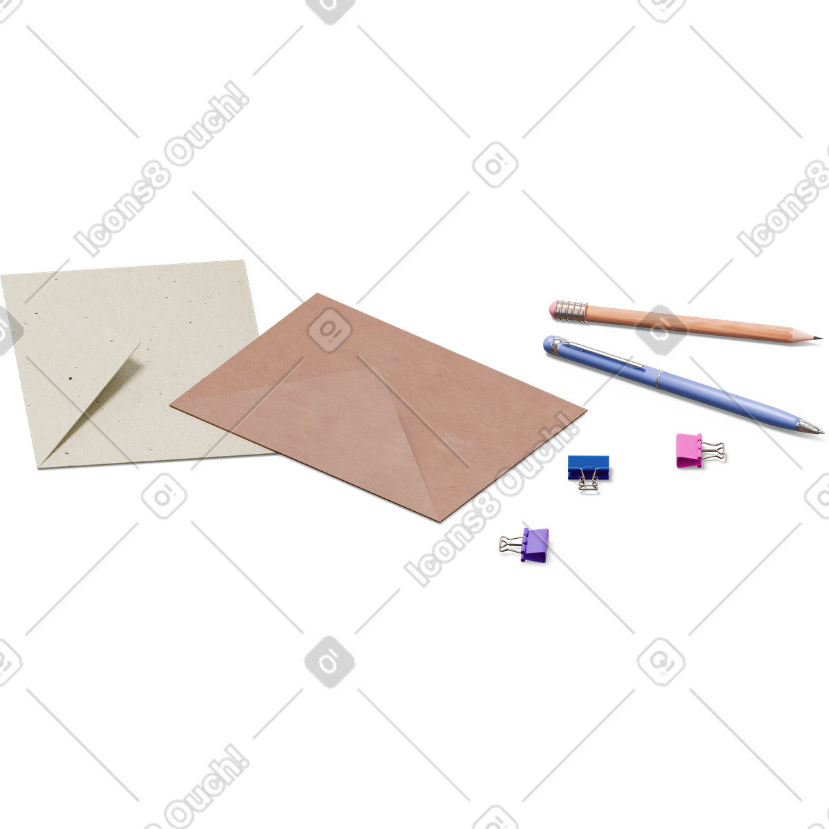 Isometric view of envelopes, pen, pencil and paper clips illustration in 3D Hygge style download in PNG, SVG