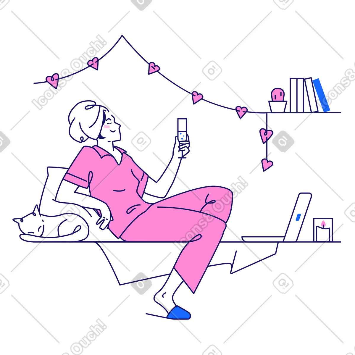 Young woman celebrates St. Valentine`s day on her own illustration in Matey style download in PNG, SVG