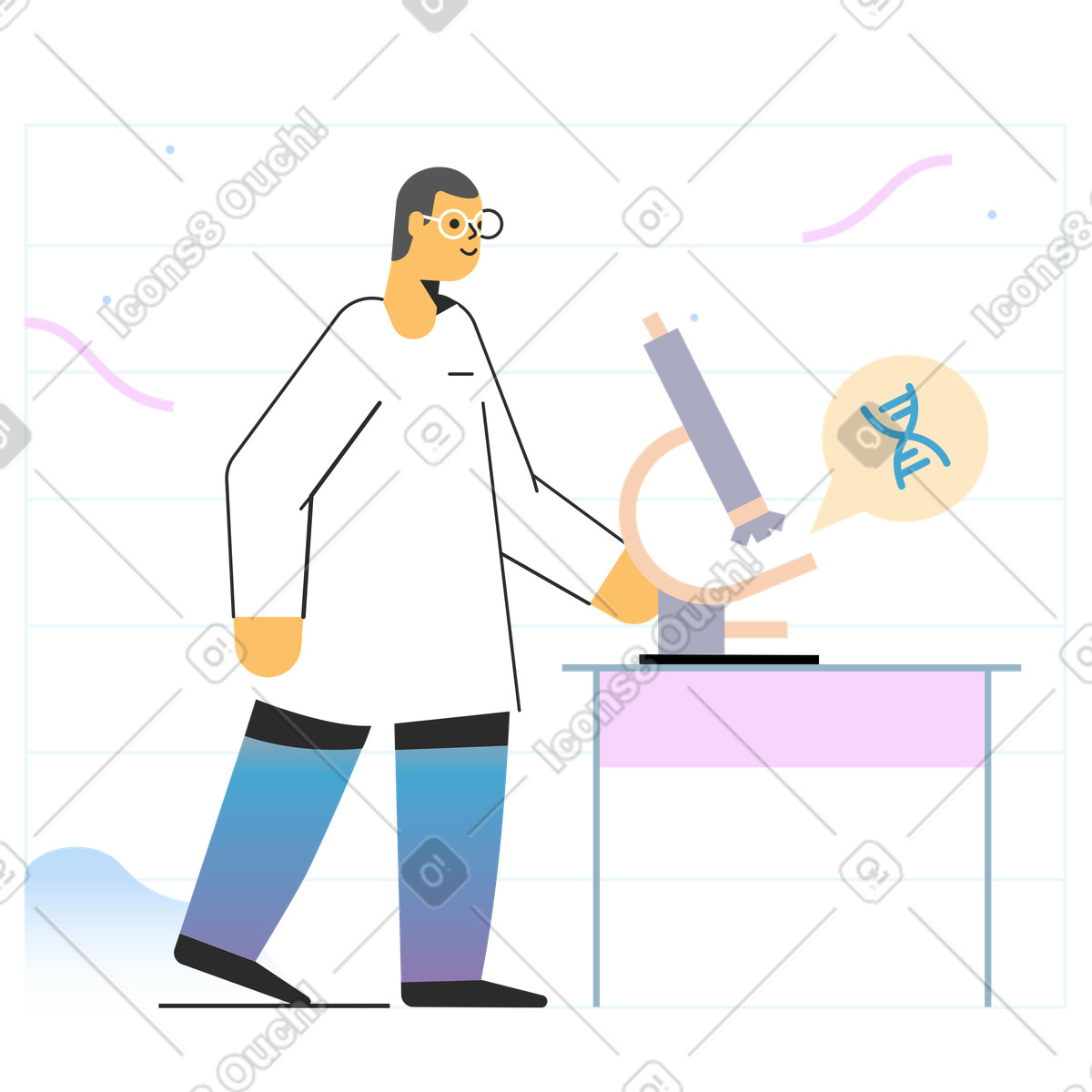 Illustration Un scientifique étudie l'adn au microscope dans le style Marginalia à télécharger aux formats PNG, SVG