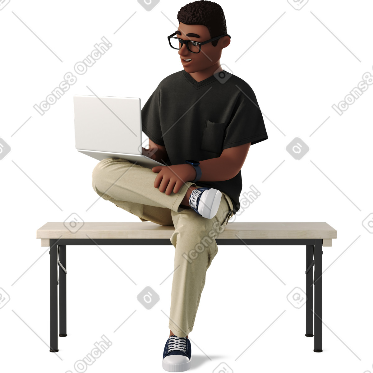 Illustration Man sitting with laptop and working dans le style 3D Business à télécharger aux formats PNG, SVG