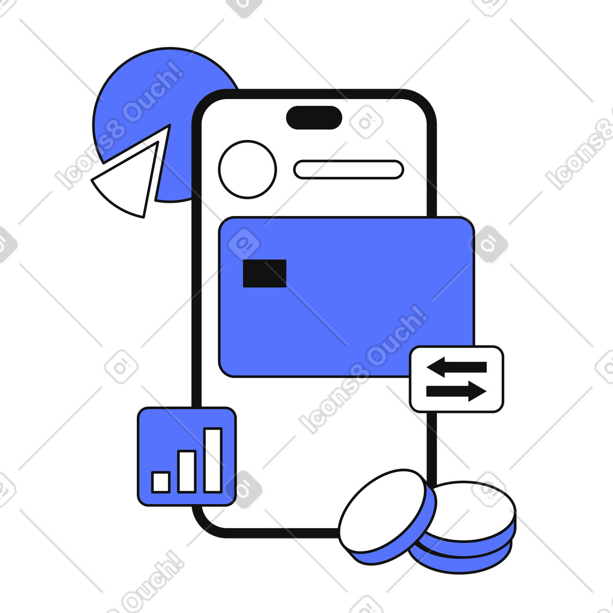 下载 Main 风格的 Digital wallet on smartphone screen with money transfer and statistics 插画，支持 PNG、SVG 格式