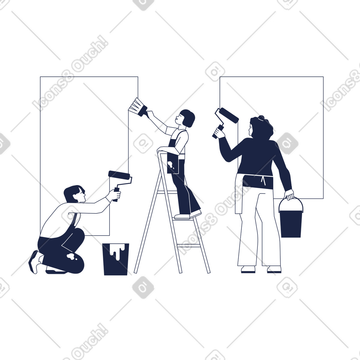 Ilustración Papá, mamá e hija pintan las paredes. en estilo Urban Line a descargar en PNG y SVG